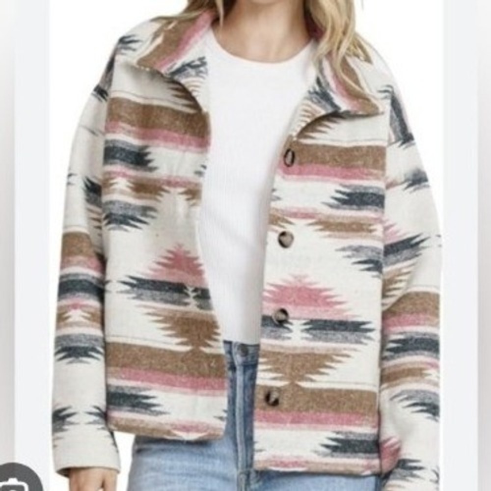 Blue B Collection Womens Pink Aztec Southwestern Shacket Button Front Jacket‎ L